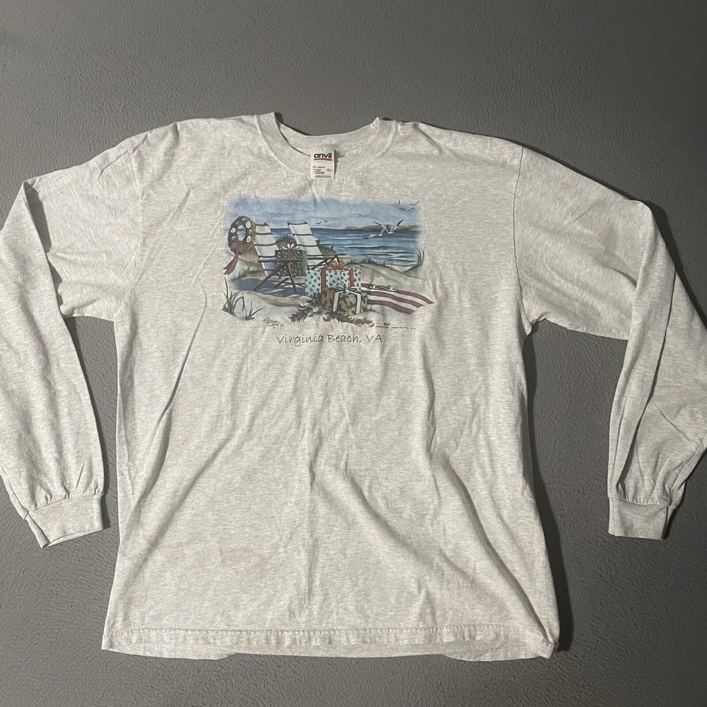 Vintage Y2K Virginia Beach Christmas Crew Neck T Shirt Adult XL Gray USA Made